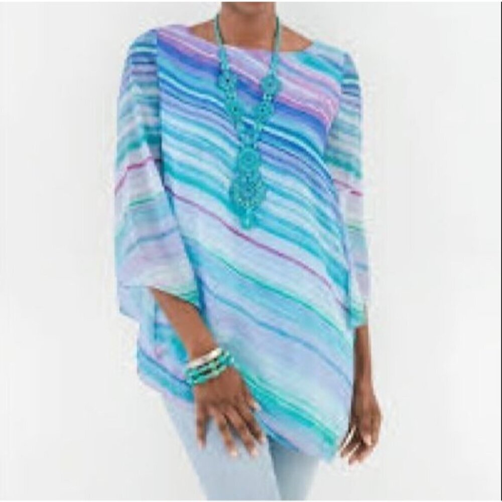 CHICOS Blue Stripe Chiffon Top Large (Chicos 2) Asymmetric Tunic Womens